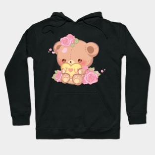 Pink Rose Floral Valentine Teddy Bear Hugging a Heart Hoodie